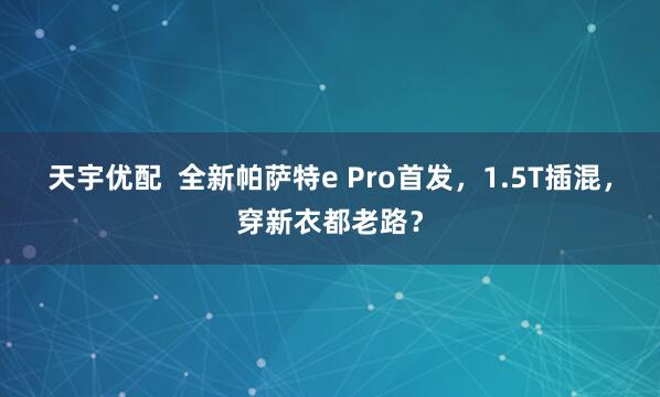 天宇优配 全新帕萨特e Pro首发,1.5T插混,穿新衣都老路?